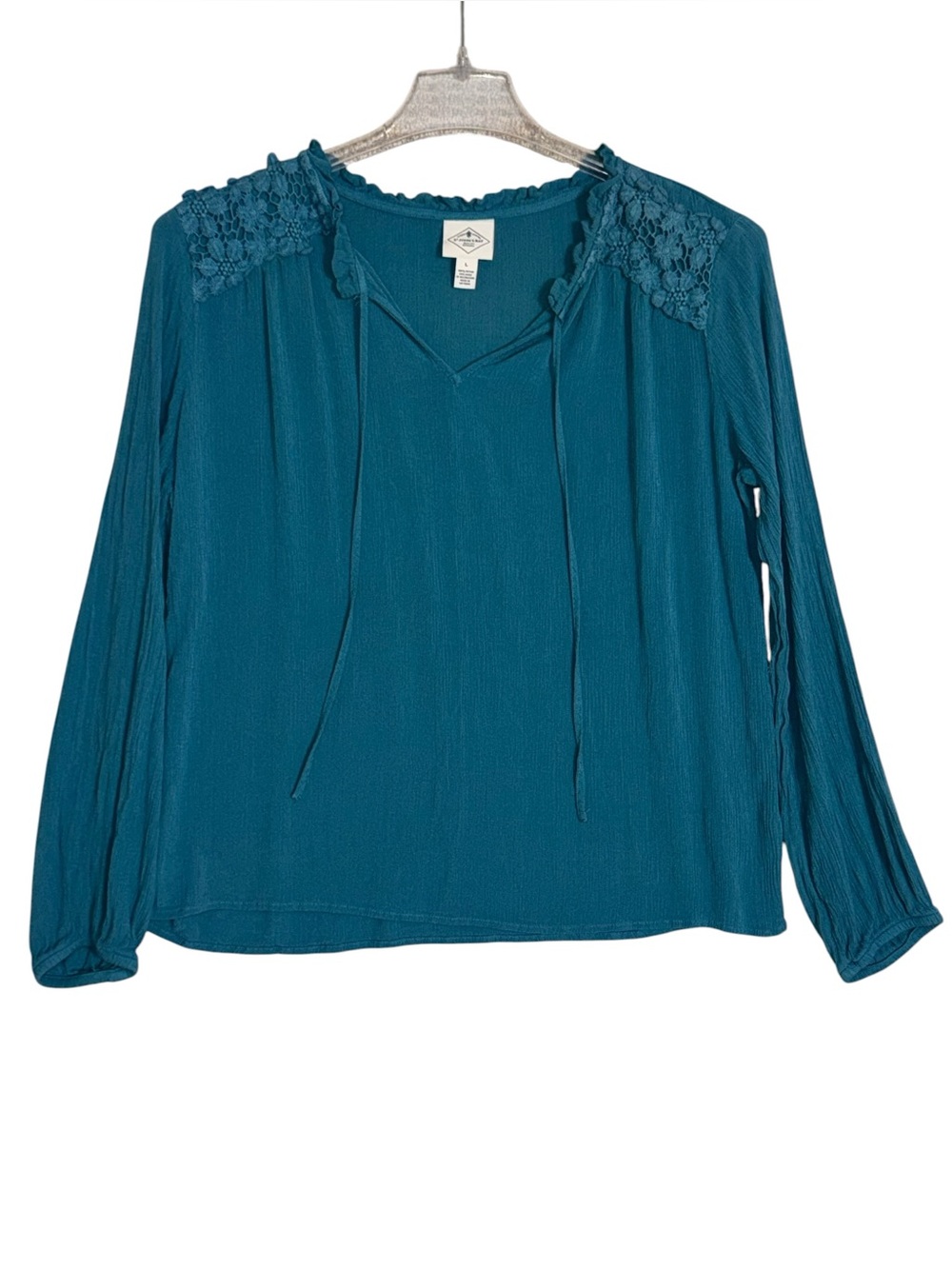 ST JOHN’S BAY Teal Crotchet Shoulder Long Sleeve Top Blouse Women’s Size Large